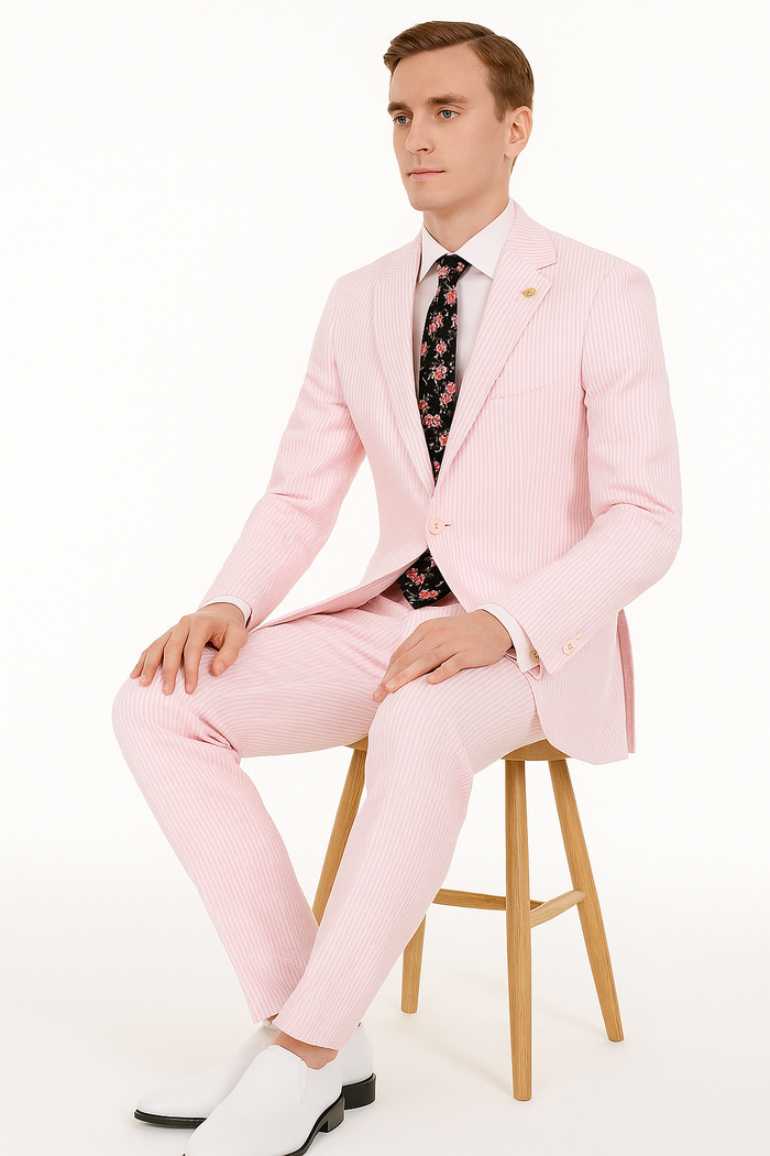 Mens Modern Slim Pink Seersucker Suit