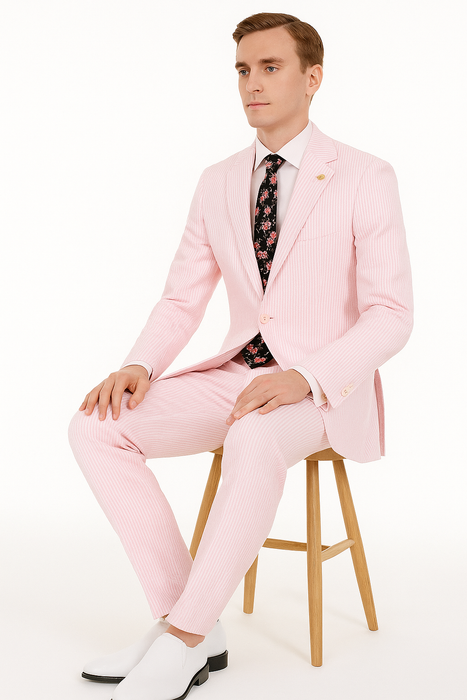 Mens Modern Slim Pink Seersucker Suit