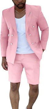 Mens Suits With Shorts - Double breasted Style Pink With Gold Buttons