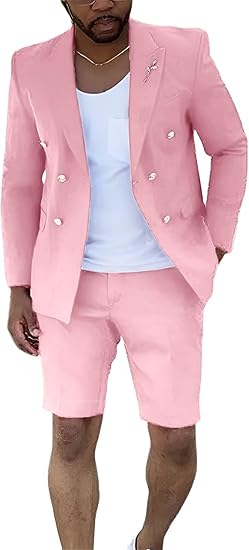 Mens Suits With Shorts - Double breasted Style Pink With Gold Buttons