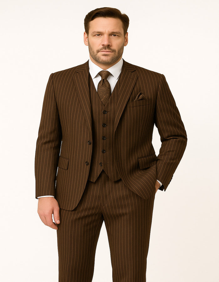 Men's Brown Pinstripe 3-Piece Suit with Matching Vest – Classic Fit Business and Formal Attire - Image 5