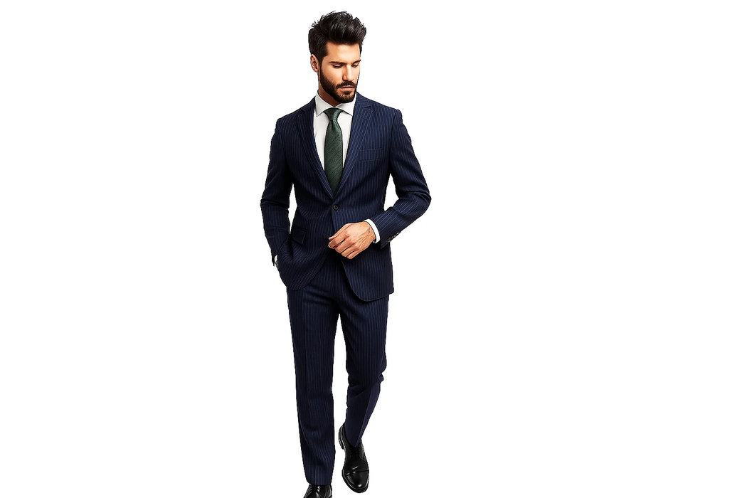 Men's  Pinstripe Design Slim Fit 2 Button Dark Navy 100% Polyester Dress Cheap Priced Business Suits Clearance Sale Dark Blue Suit
