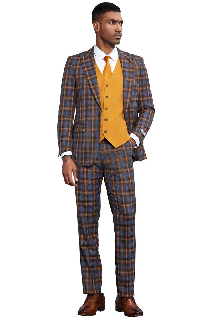 Men's Stacy Adams Bold Windowpane Plaid Print Vested Suit in Grey & Gold - Image 3