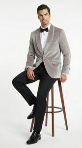 Men's Platinum Velvet Dinner Jacket with Satin Shawl Lapel | Formal Wedding Prom Blazer - Image 3
