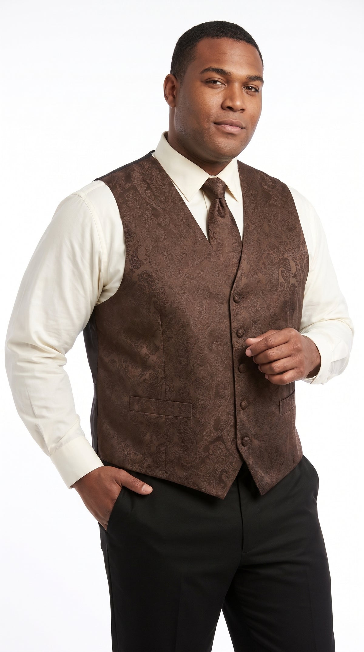 Men’s Dark Brown Paisley Tuxedo Vest and Matching Tie Set, Formal Wedding Waistcoat for Prom, Church and Parties