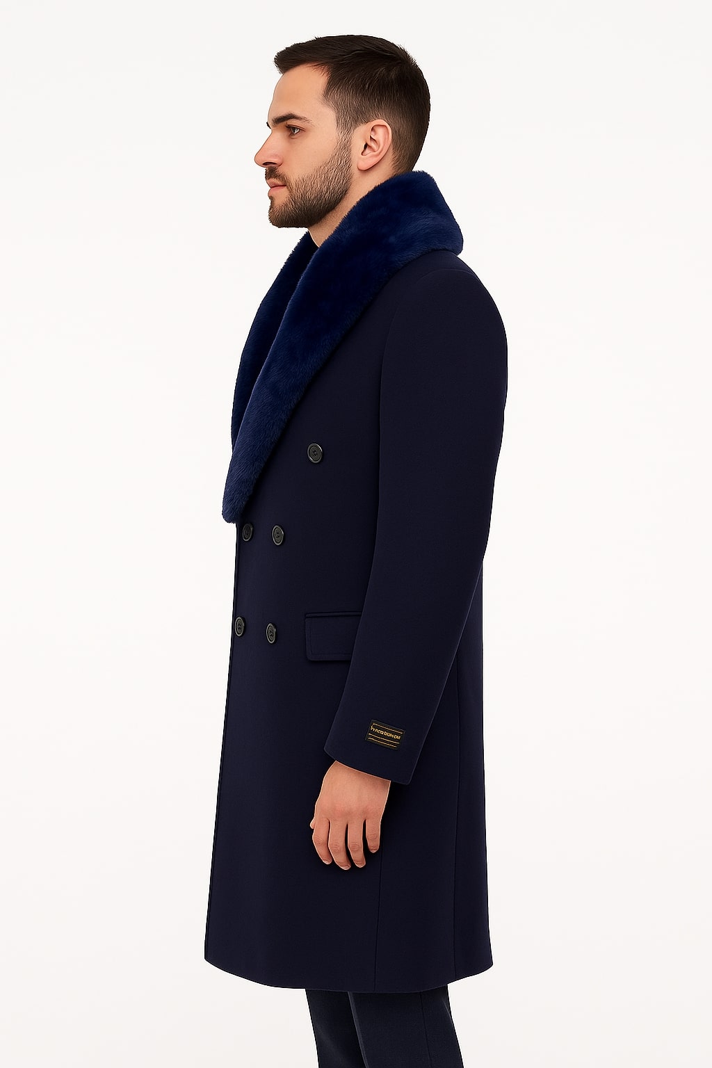 Mens Double-Breasted Navy Overcoat with Plush Blue Faux Fur Collar – Alberto Nardoni Winter Coat - Image 2