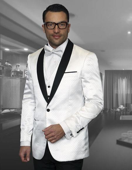 Men's Polk Dot ~ Geometric Tuxedo Suit Shawl Lapel Two Toned Vested Suits White