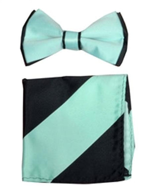 Men's Auqa / Black Polyester Satin dual colors classic Bowtie with hankie - Men's Neck Ties - Mens Dress Tie - Trendy Mens Ties