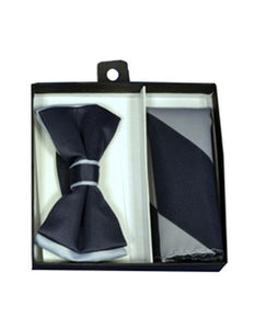 Men's Polyester Gray / Charcoal Satin dual colors classic Bowtie with hankie - Men's Neck Ties - Mens Dress Tie - Trendy Mens Ties