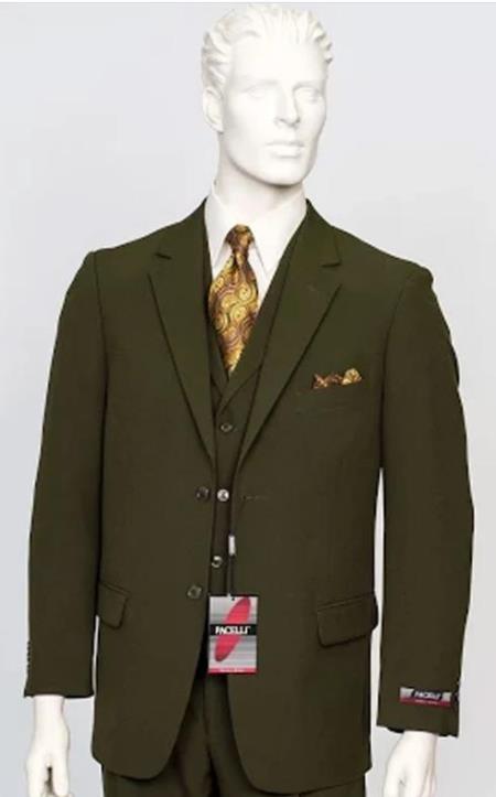 Poplin Fabric Pacelli 3pc Green Suit CAMERON-10004 Classic Fit Pleated Pants Athletic Cut
