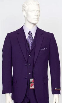 Poplin Fabric Pacelli 3pc Purple Suit CAMERON-10049 Classic Fit Pleated Pants Athletic Cut