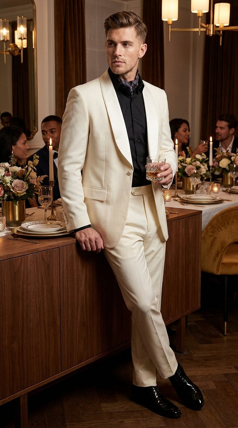 Men’s Champagne Ivory Shawl Collar Suit, 1 Button Cream Off White Dinner Jacket Tuxedo