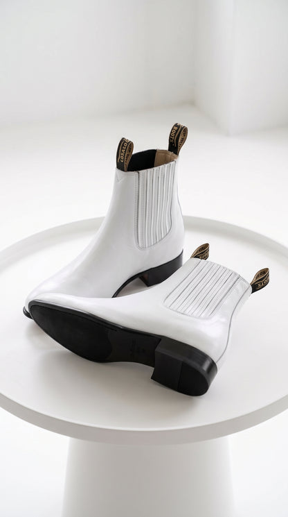 Los Altos Men’s White Deer Leather Charro Ankle Boots, Short Western Botin Boots with Square Toe