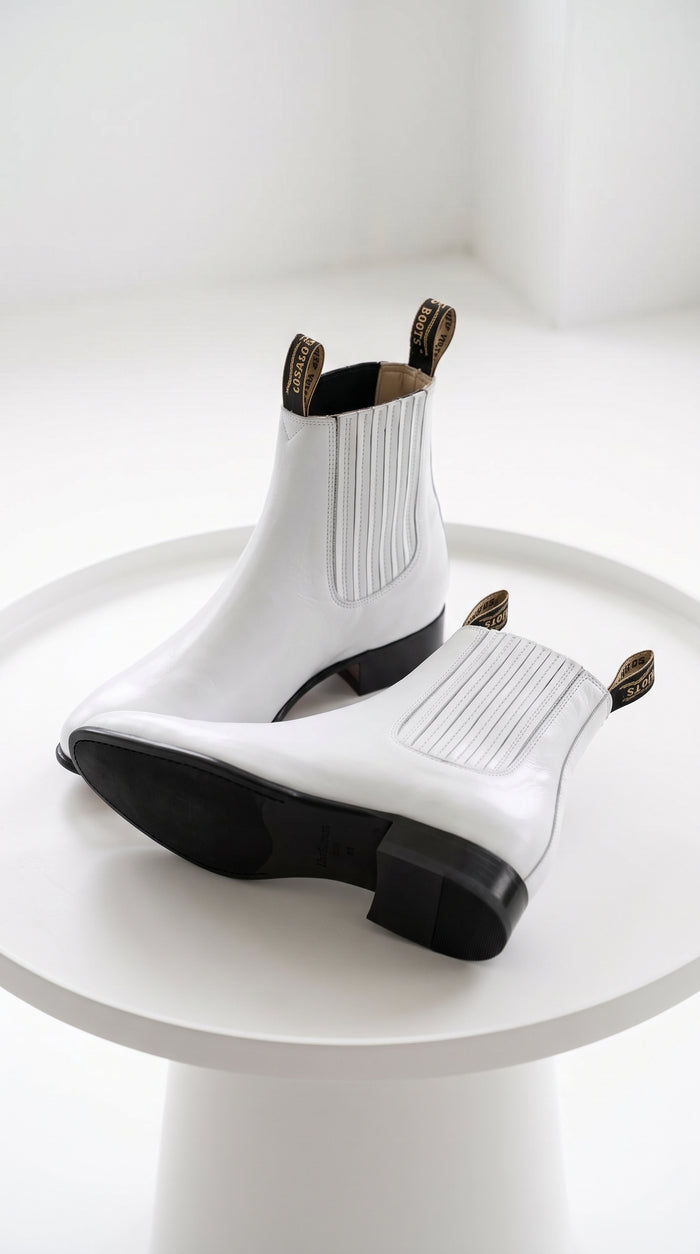 Los Altos Men’s White Deer Leather Charro Ankle Boots, Short Western Botin Boots with Square Toe