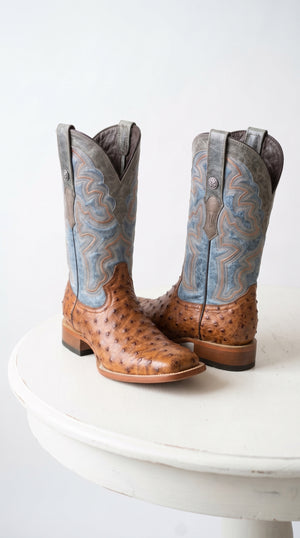 Men’s Cognac Brown Ostrich Print Cowboy Boots, Square Toe Western Boots with Blue Embroidered Shaft