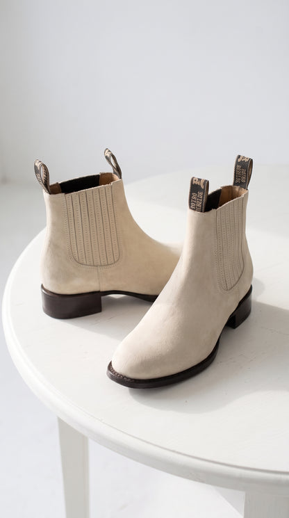 Men’s Hueso Bone White Charro Ankle Boots, Square Toe Western Leather Botines Para Hombre