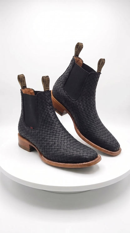Besserro Men’s Black Petatillo Woven Leather Ankle Boots, Western Chelsea Style Square Toe Botines
