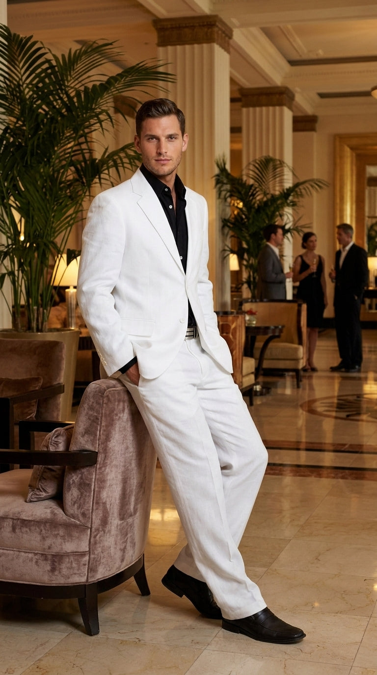 Men’s White 2-Button Suit – Classic Two-Piece Formal Suit with Black Shirt Look