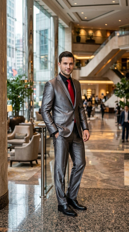 Men’s Shiny Sharkskin Charcoal Gray Suit, 2 Button Dark Grey Formal Suit with Flat Front Pants