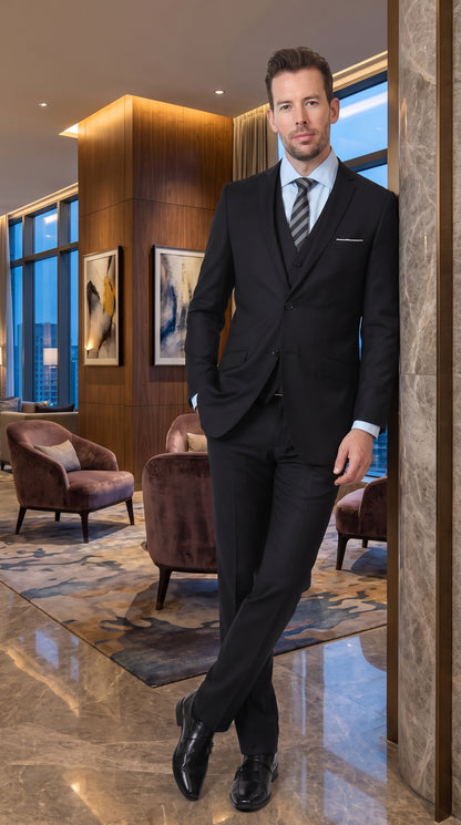 Men’s Black 3-Piece Vested Suit – Two-Button Formal Suit with Vest & Flat-Front Pants