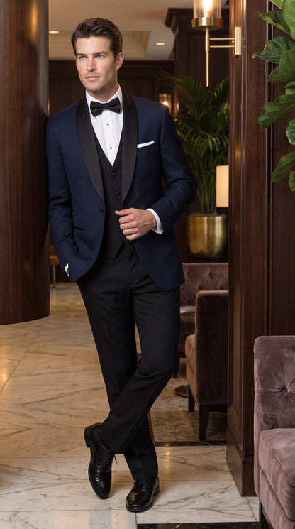 Men’s Big & Tall Navy Blue Tuxedo – Black Satin Shawl Lapel Formal Wedding & Prom Suit