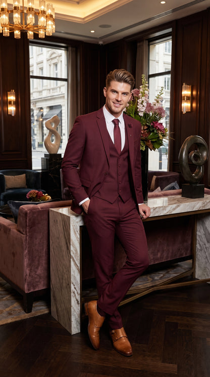 Mens 3-Piece Burgundy Slim Fit Suit with Vest – Wedding, Prom and Formal Wear
