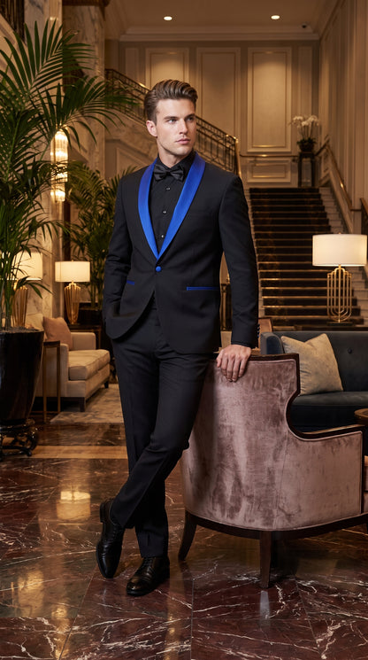 Men’s Black One-Button Suit with Royal Blue Shawl Lapel – Prom & Formal Suit