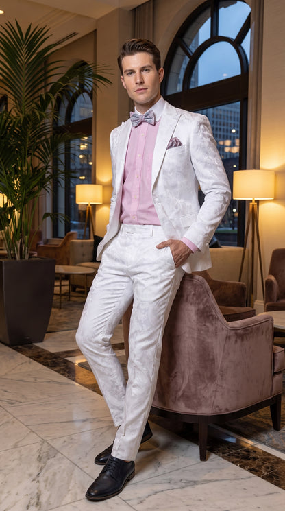 Men’s White Paisley Floral Suit – 2-Piece Wedding, Prom & Party Jacket and Pants