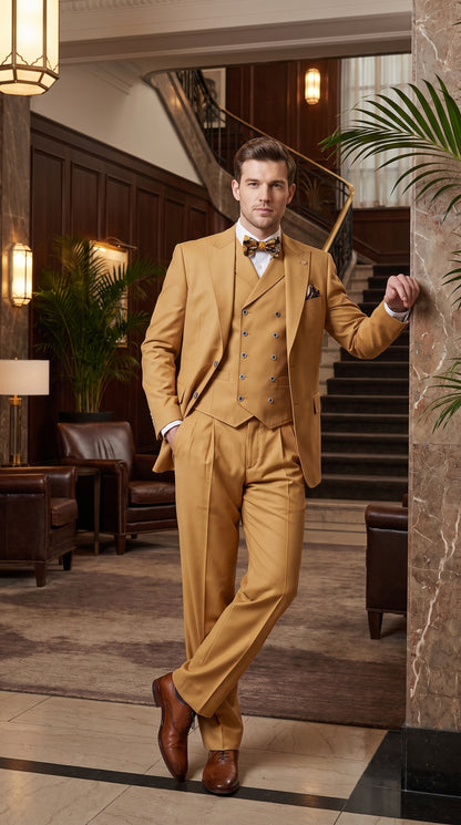 Men’s Camel Big & Tall 3-Piece Wool Suit – Peak Lapel Classic Fit with Double-Breasted Vest & Pleated Pants
