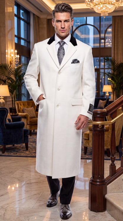 Men’s White Chesterfield Overcoat – Full-Length Wool & Cashmere Dress Coat