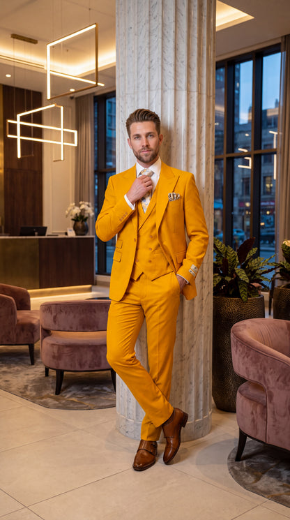 Rossi Man ELI RM103 – Men’s Bold Yellow Modern Fit 3-Piece Suit with Peak Lapel