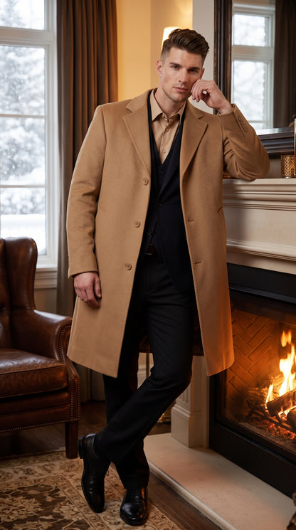 Men’s Camel Cashmere Blend Full Length Overcoat, Luxury Winter Dress Topcoat