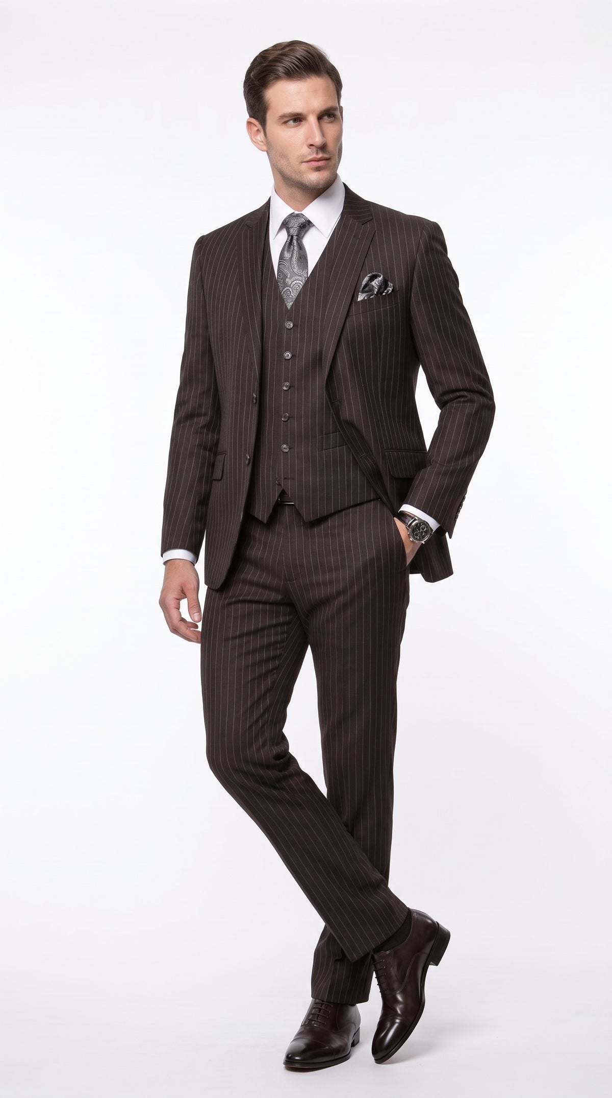 Men’s Jet Black Chalk White Pinstripe 3 Piece Suit, Super 150s Italian Fabric Vested Formal Suit