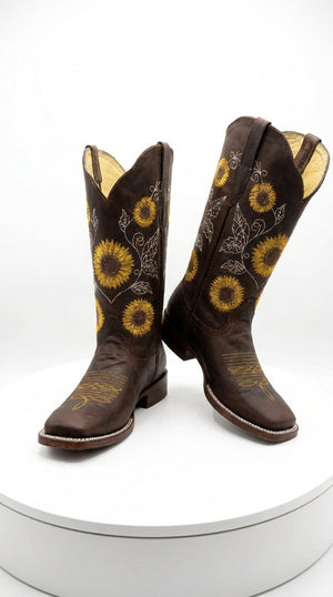 Women’s Dark Brown Sunflower Cowboy Boots, Yellow Floral Embroidered Square Toe Western Boots