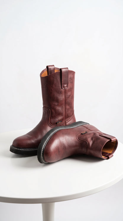 Los Altos Men’s Burgundy Grasso Nappa Leather Work Boots, Pull-On Western Work Boots – Botines Para Hombre