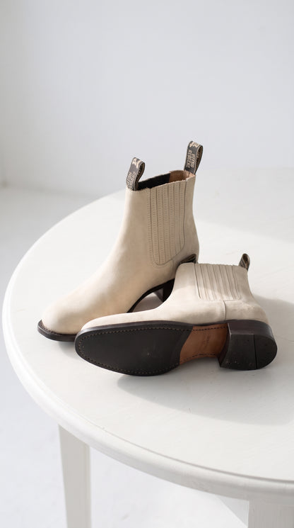 Men’s Hueso Bone White Charro Ankle Boots, Square Toe Western Leather Botines Para Hombre