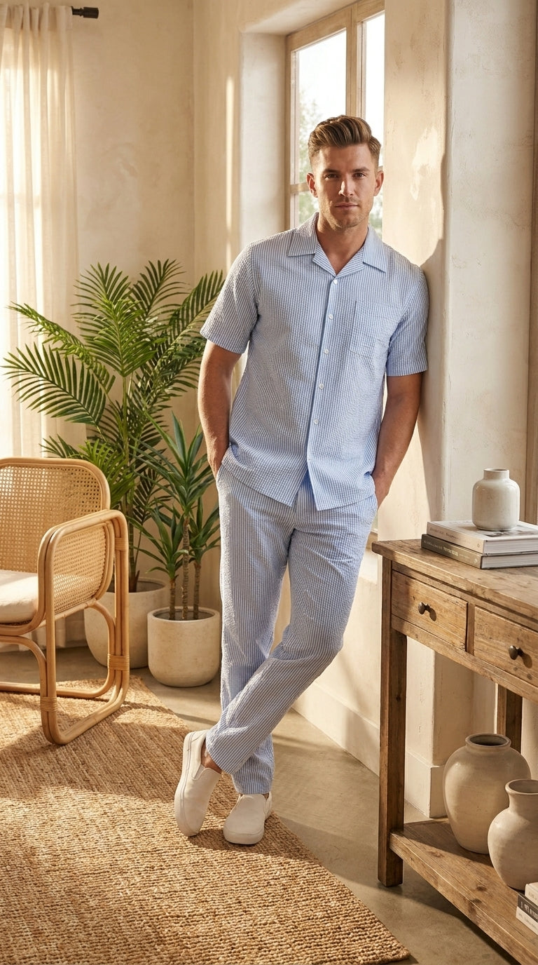 Men’s Blue Seersucker 2 Piece Walking Set, Short Sleeve Shirt and Pants Summer Outfit