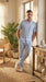 Men’s Blue Seersucker 2 Piece Walking Set, Short Sleeve Shirt and Pants Summer Outfit