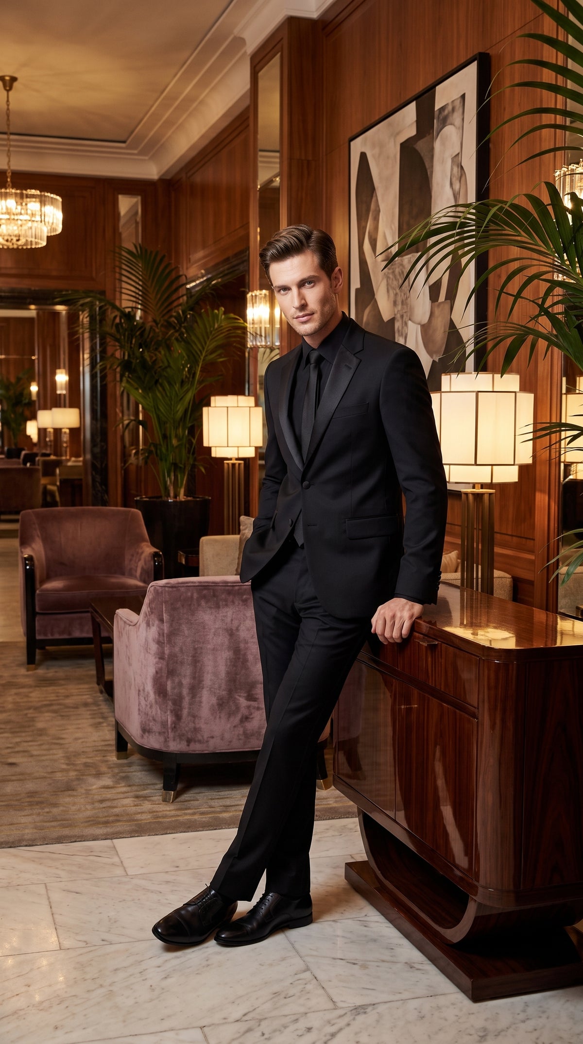 Men’s Black 2-Button Tuxedo Package Deal – Black Dress Shirt & Tie Formal Suit Set