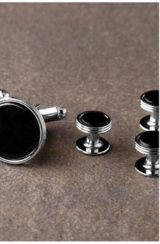 Premium Onyx Triple Rim Silver Studs And Cufflinks Set Ike Evening By Tuxedo Authentic Brand
