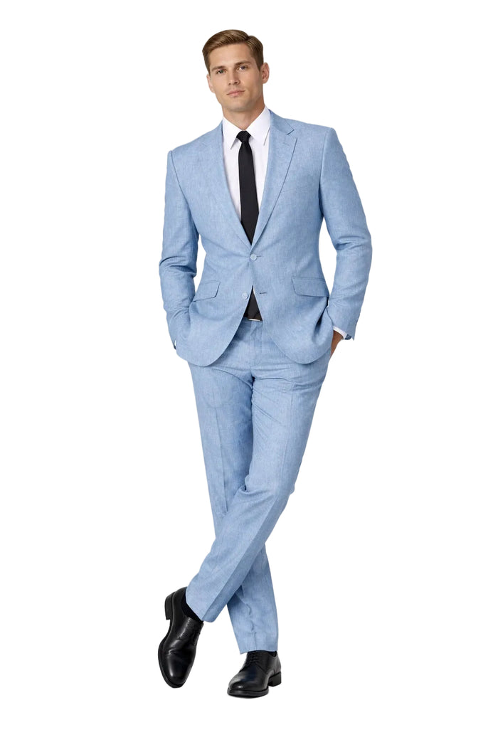 New Mens 2 Piece Luxurious 100% Mens Linen Suit - Cheap Priced Business Suits Clearance Sale 2 Buttons Blue