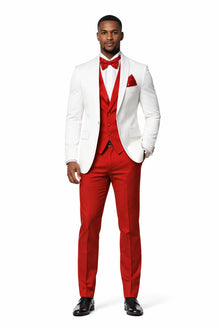 White and Red Tuxedo Wedding Suit - White Dinner Jacket + Vest + Pants + Bow-tie