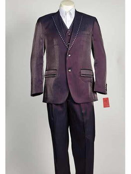 Men's Purple 3 Piece Shiny Sharkskin Rhinestone Pinstripe Suit