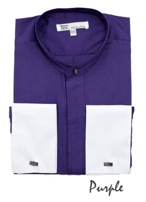 Fashion Hidden Buttons French Cuff Mandarin Collarless Preacher Round Style Purple Men's Dress Shirt