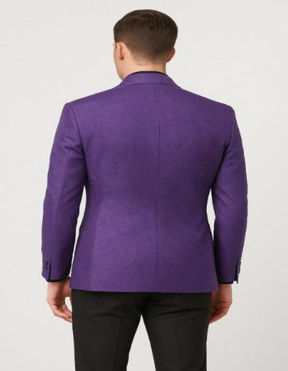 Mens Purple Paisley Tuxedo – 3 Piece Suit with Bow Tie and Black Pants | Wedding & Prom Outfit - Slim Fitted