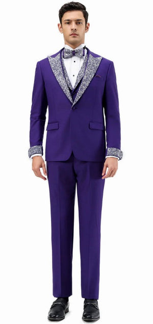 Purple Prom Tuxedo - Perfect Wedding Suit Vested Rhinestone Lapelled