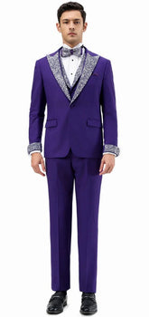 Purple Prom Tuxedo - Perfect Wedding Suit Vested Rhinestone Lapelled