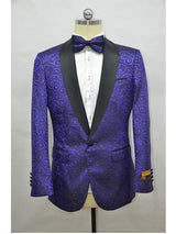 Purple and Black Two Toned Paisley Floral Blazer Tuxedo Dinner Jacket Fashion Sport Coat + Matching Bow Tie