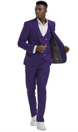 Purple and Gold Button Suit With Vest With Double Breasted Vest