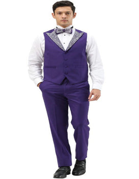 Purple and Silver Prom Tuxedo - Perfect Wedding Suit Vested rhinestone sequin Lapelled